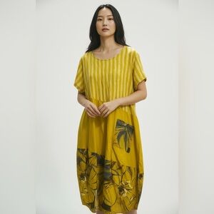 🇮🇹 Frocella Yellow Striped Dress with Leaf Print